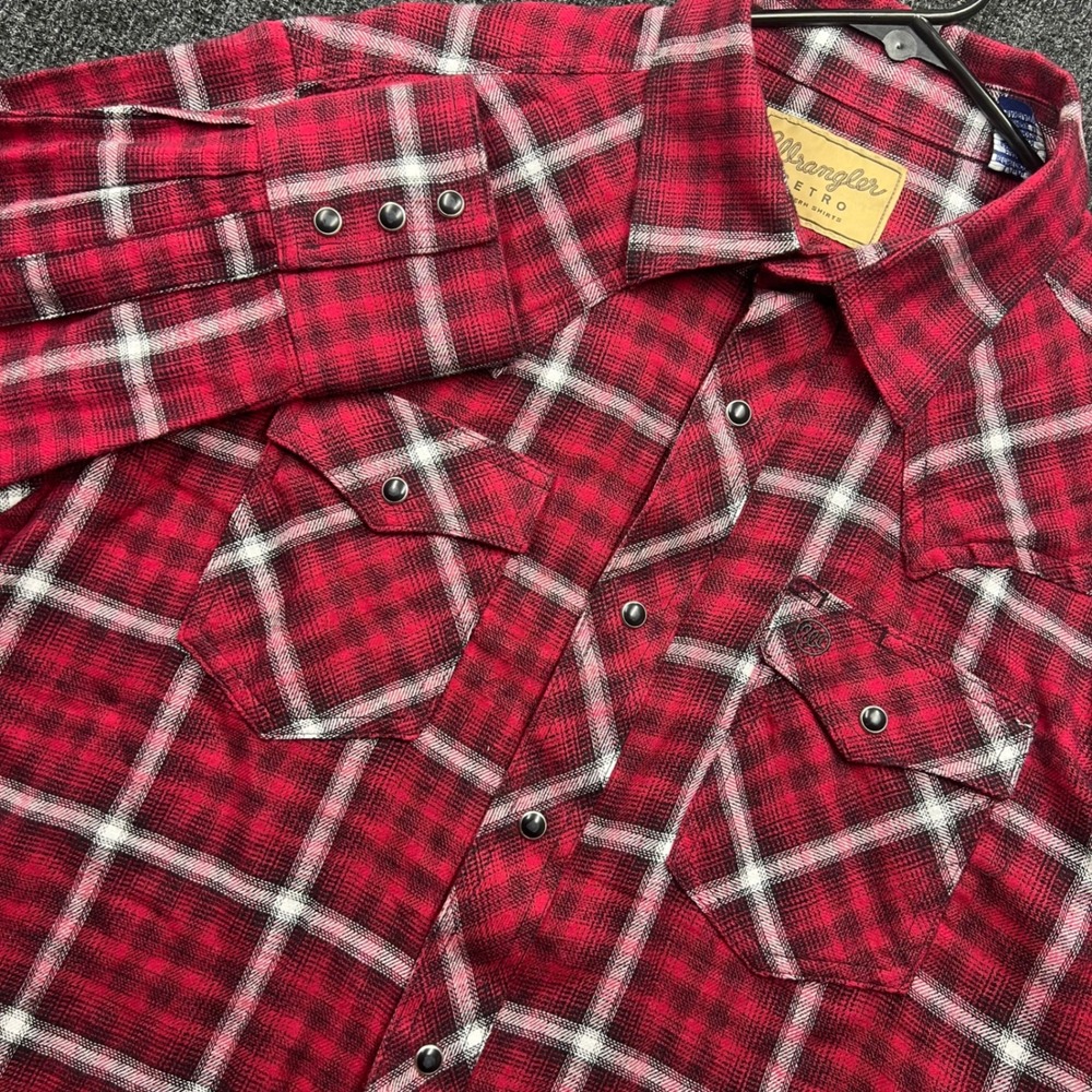 Wrangler Retro Western Shirt Mens Large Red Black Plaid Snap Flannel 112355383